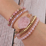 Pink Crystal & Rhodochrosite 5-circle Wrap Bracelet Women Summer Jewelry