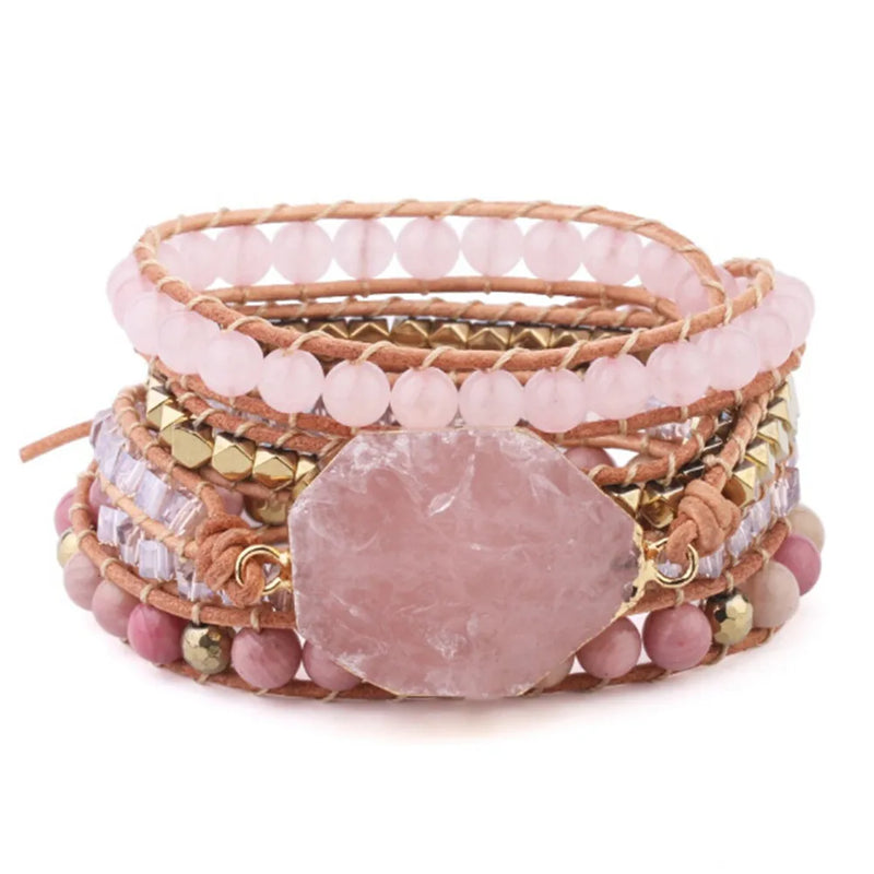 Pink Crystal & Rhodochrosite 5-circle Wrap Bracelet Women Summer Jewelry