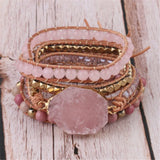 Pink Crystal & Rhodochrosite 5-circle Wrap Bracelet Women Summer Jewelry