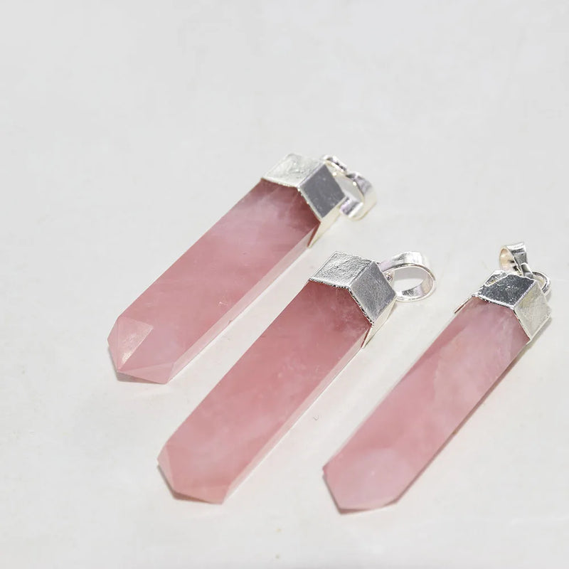 Natural Pink Crystal Rose Quartz Pendant Hexagonal Stone Silver Plating Jewelry