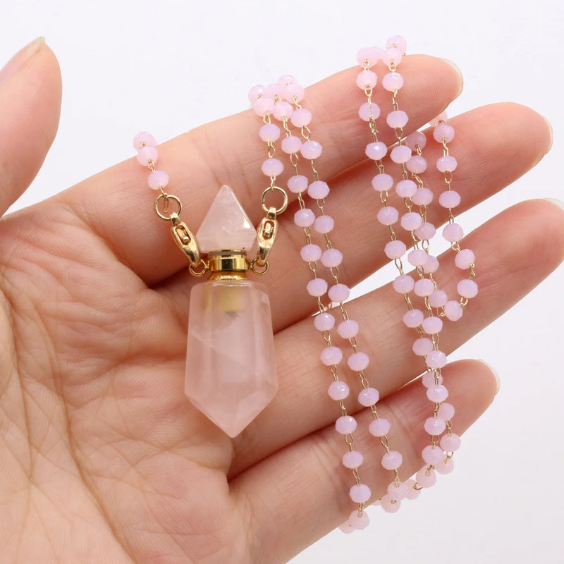 Natural Pink Crystal Stone Perfume Bottle Pendant for Necklace DIY