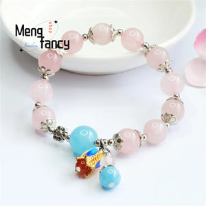Pink Crystal Silver Flower Tassel Beaded Bracelet Women Jewelry Gift
