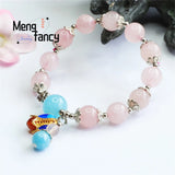 Pink Crystal Silver Flower Tassel Beaded Bracelet Women Jewelry Gift