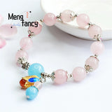Pink Crystal Silver Flower Tassel Beaded Bracelet Women Jewelry Gift