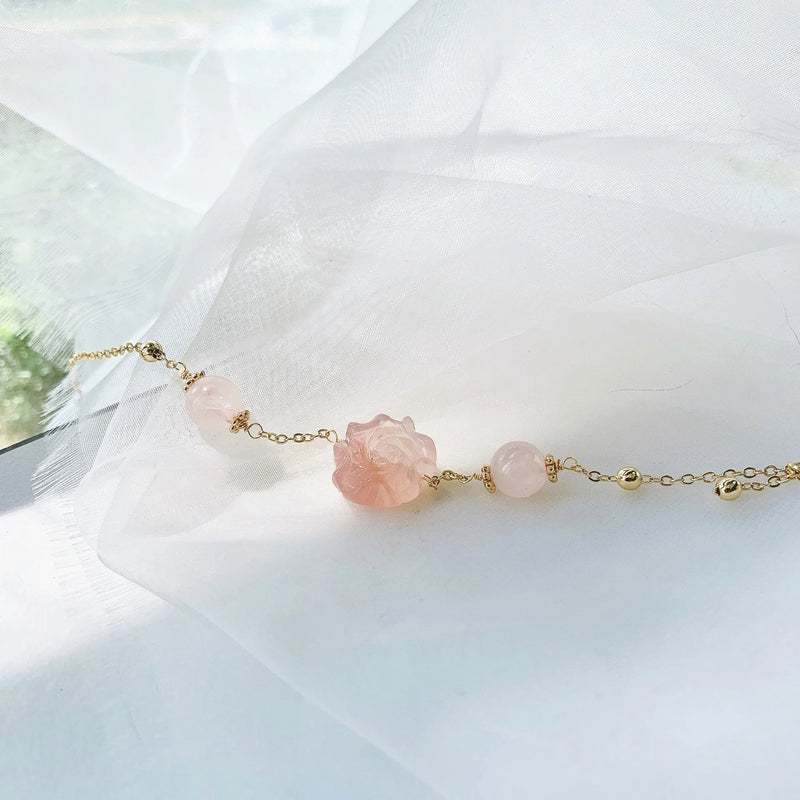 Pink Quartz Bead Bracelet Chinese Style 14K Filled