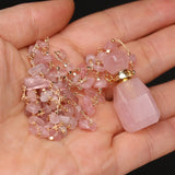 Pink Quartz Perfume Bottle Necklace with Steel Chain