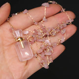 Pink Quartz Perfume Bottle Necklace with Steel Chain