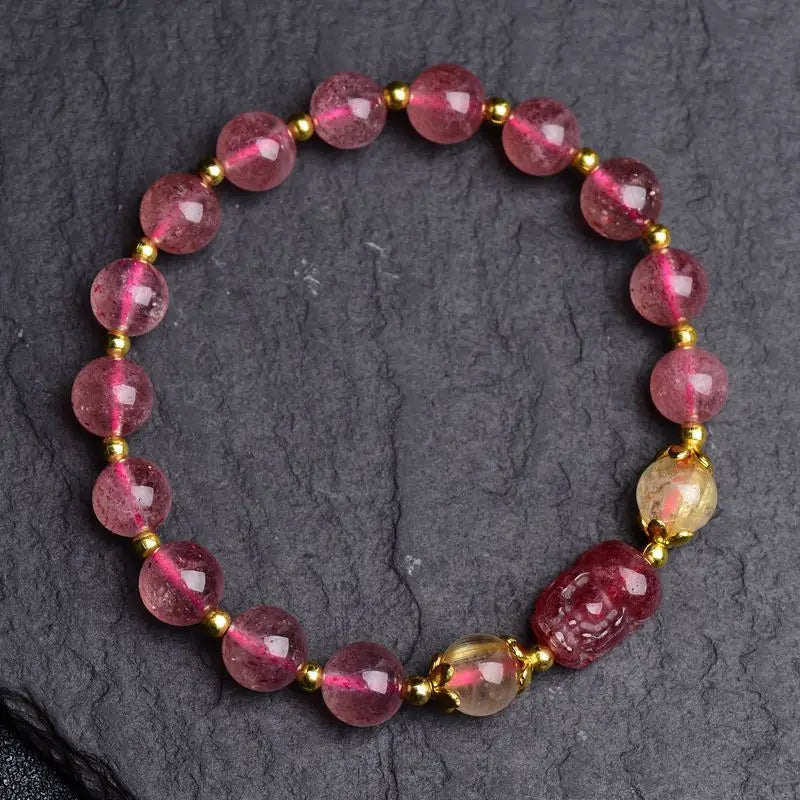 Pink Strawber Crystal Stone Beaded Bracelet Women Charm DIY Gift