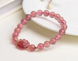 Pink Strawber Crystal Stone Beaded Bracelet with Cat Paw Charm
