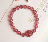 Pink Strawber Crystal Stone Beaded Bracelet with Cat Paw Charm
