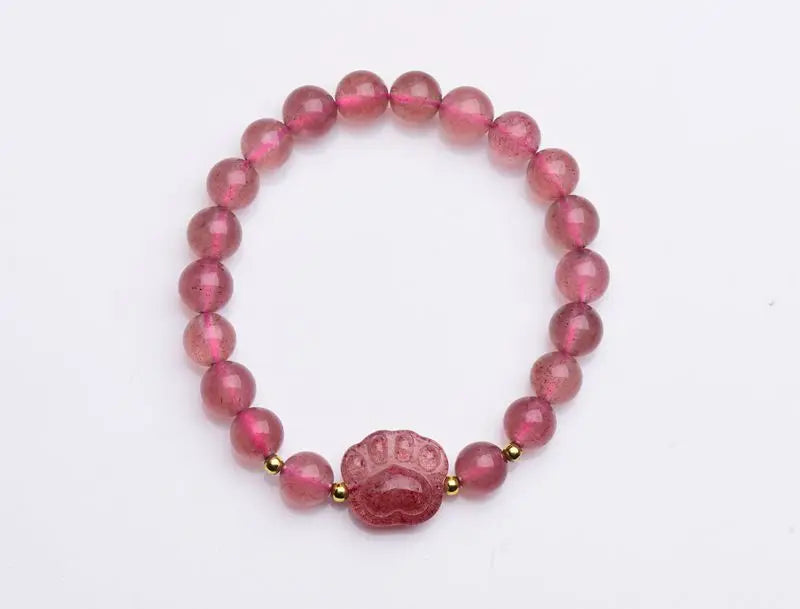 Pink Strawber Crystal Stone Beaded Bracelet with Cat Paw Charm