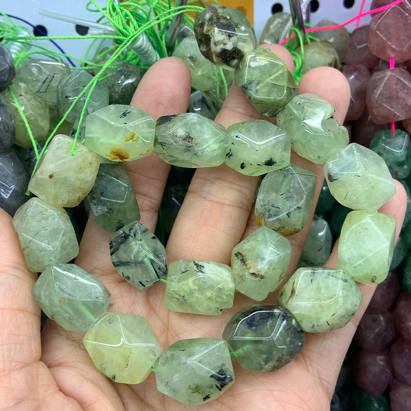 Natural Prehnite Stone Beads 15'' Faceted Irregular DIY Loose Stone Beads
