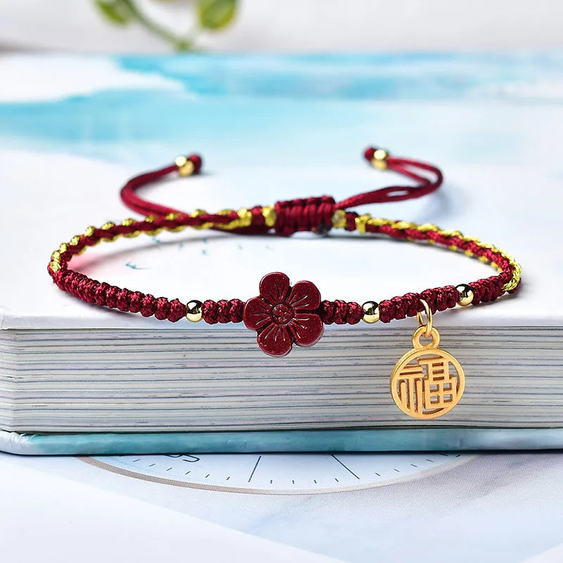 Purple Cinnabar Beauty Flower Red Rope Lucky Bangle Bracelet