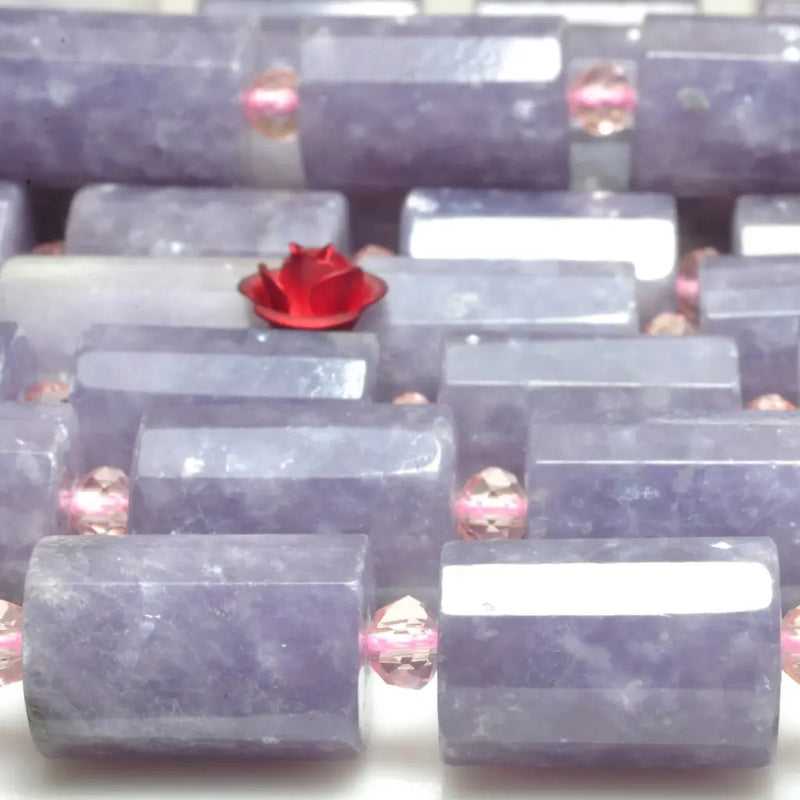 Natural Purple Lepidolite Faceted Tube Loose Beads Gemstone
