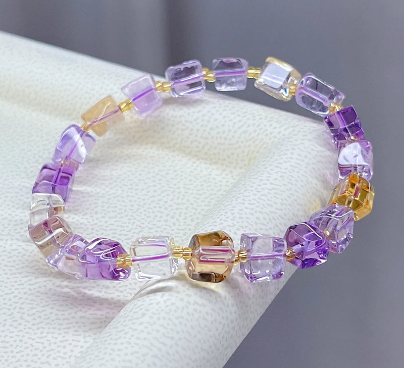 Ametrine Clear Cube Beads Bracelet 8x8mm Purple Yellow Crystal