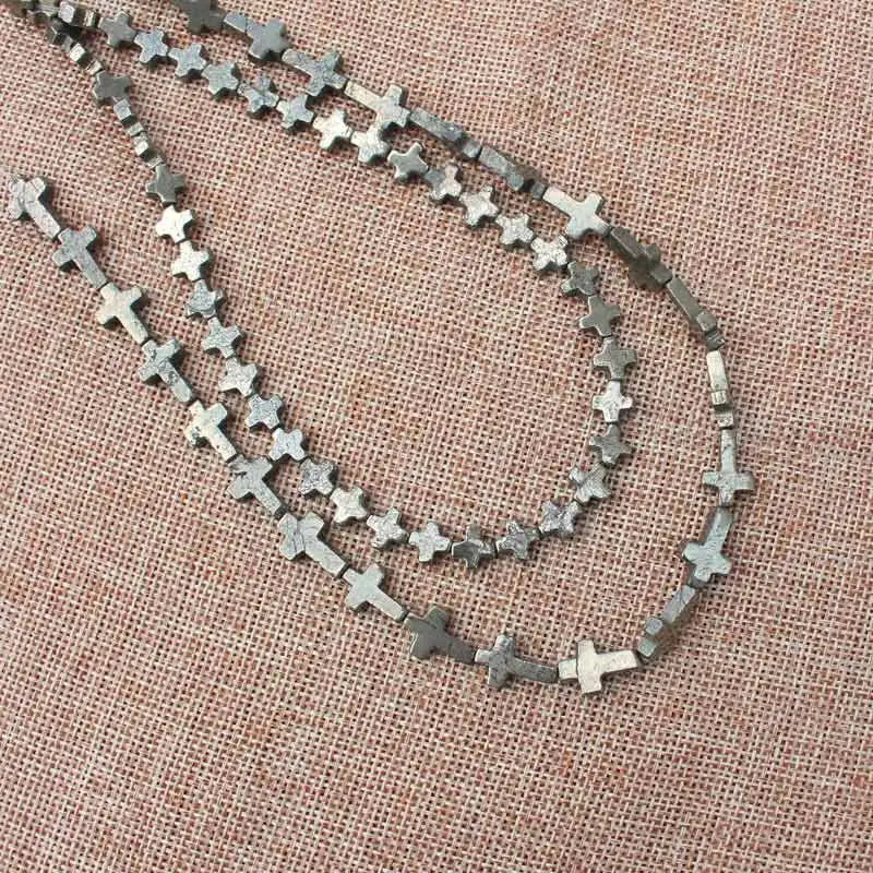Natural Pyrite Cross Beads 15inch Strand DIY Jewelry
