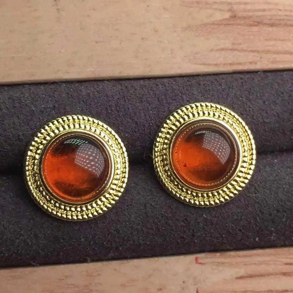 Natural Pyrope 18k Plated Stud Earrings Round Shape Orange Garnet