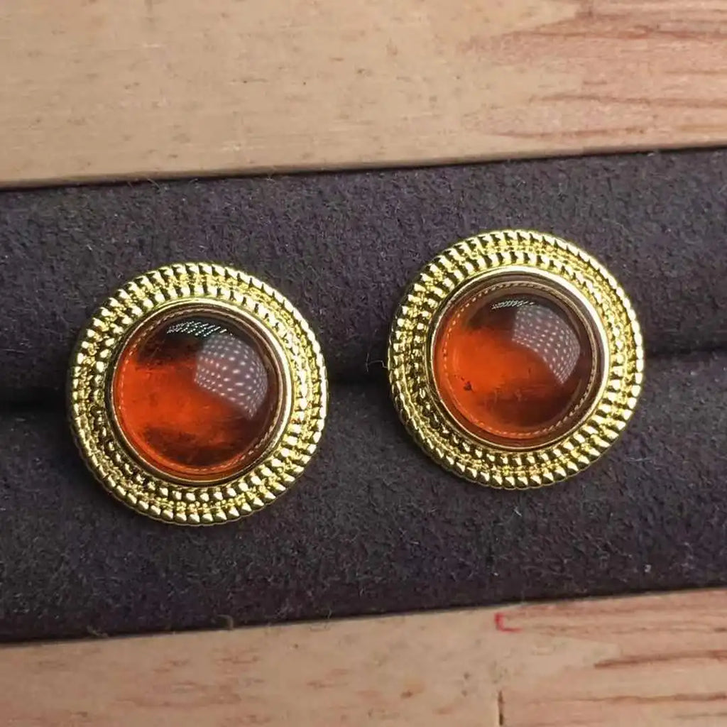 Natural Pyrope 18k Plated Stud Earrings Round Shape Orange Garnet