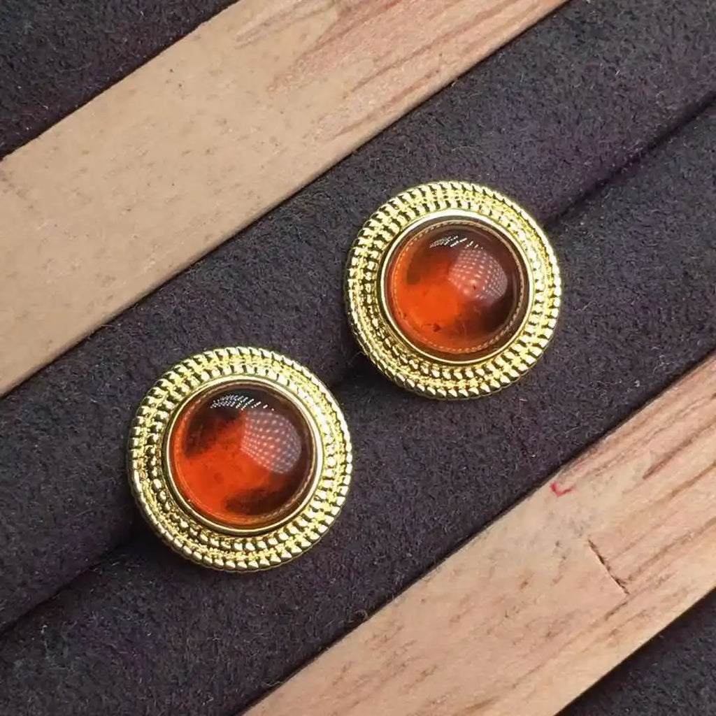 Natural Pyrope 18k Plated Stud Earrings Round Shape Orange Garnet