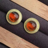 Natural Pyrope 18k Plated Stud Earrings Round Shape Orange Garnet