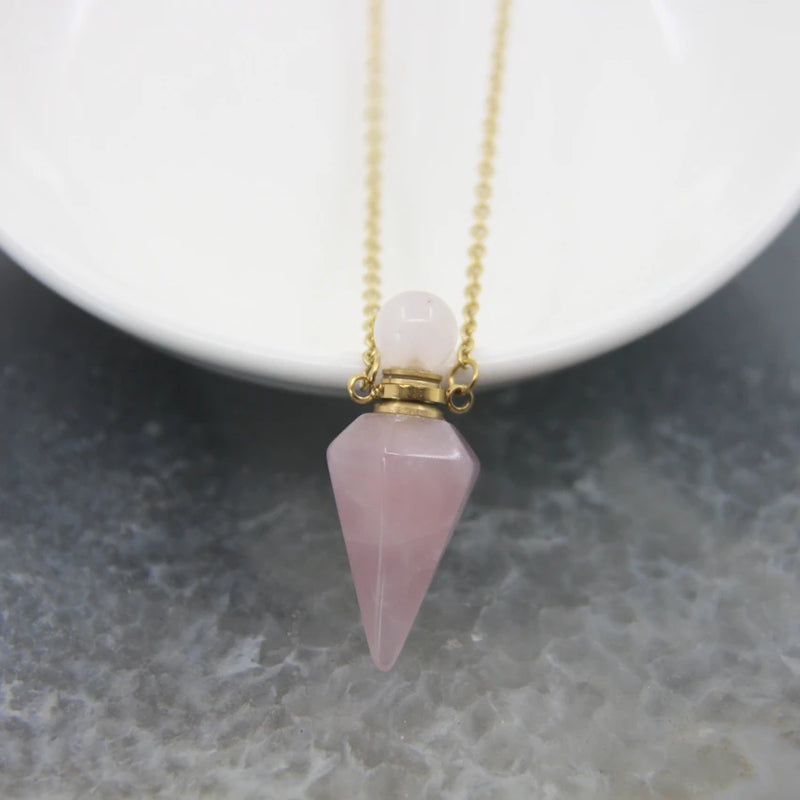 Quartz Crystal Faceted Point Pendulum Perfume Bottle Pendant Necklace