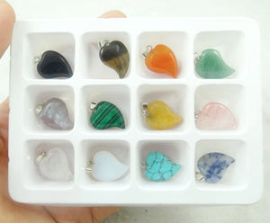 12PCS Natural Quartz Crystal Turquoise Tiger Eye Aventurine Heart Pendant