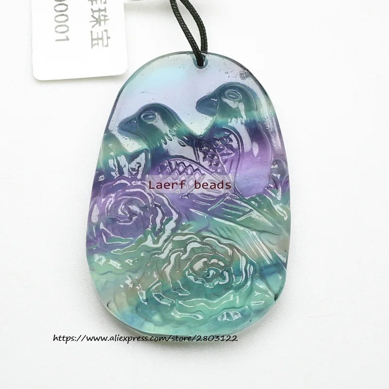 Natural Rainbow Fluorite 31x44mm Carved Pendant
