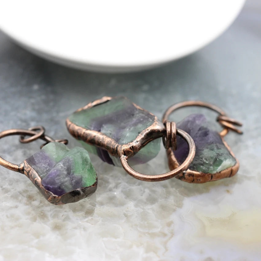Rainbow Fluorite Brass Hoop Pendants, Reiki Healing Necklace