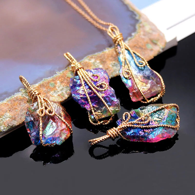 Rainbow Stone Necklace Quartz Pendant Full Wire Wrap 18inch Chain