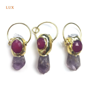 Raw Amethyst Crystal Pendant Clear Quartz Plated Bar Charm Necklace Purple Gems