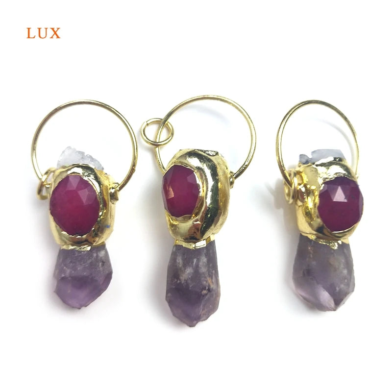 Raw Amethyst Crystal Pendant Clear Quartz Plated Bar Charm Necklace Purple Gems