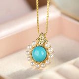 Raw Ore Turquoise S925 Silver Necklace with Pine Pendant
