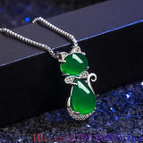 Green Jade Cat Pendant Necklace 925 Silver Gemstone Energy Chalcedony Agate