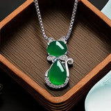 Green Jade Cat Pendant Necklace 925 Silver Gemstone Energy Chalcedony Agate