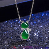 Green Jade Cat Pendant Necklace 925 Silver Gemstone Energy Chalcedony Agate
