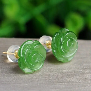 Green Jade Rose Earrings 925 Silver Vintage Gemstone Gift Jewelry