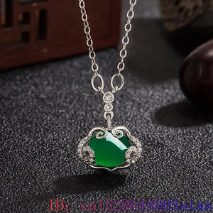 Green Jade Ruyi Pendant Necklace for Women 925 Silver Chalcedony Agate