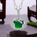 Green Jade Ruyi Pendant Necklace for Women 925 Silver Chalcedony Agate