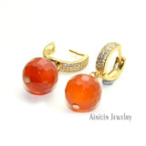 Red Agate 12mm Faceted Round Beads Dangle Earrings Hook