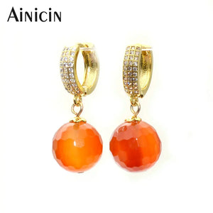 Red Agate 12mm Faceted Round Beads Dangle Earrings Hook