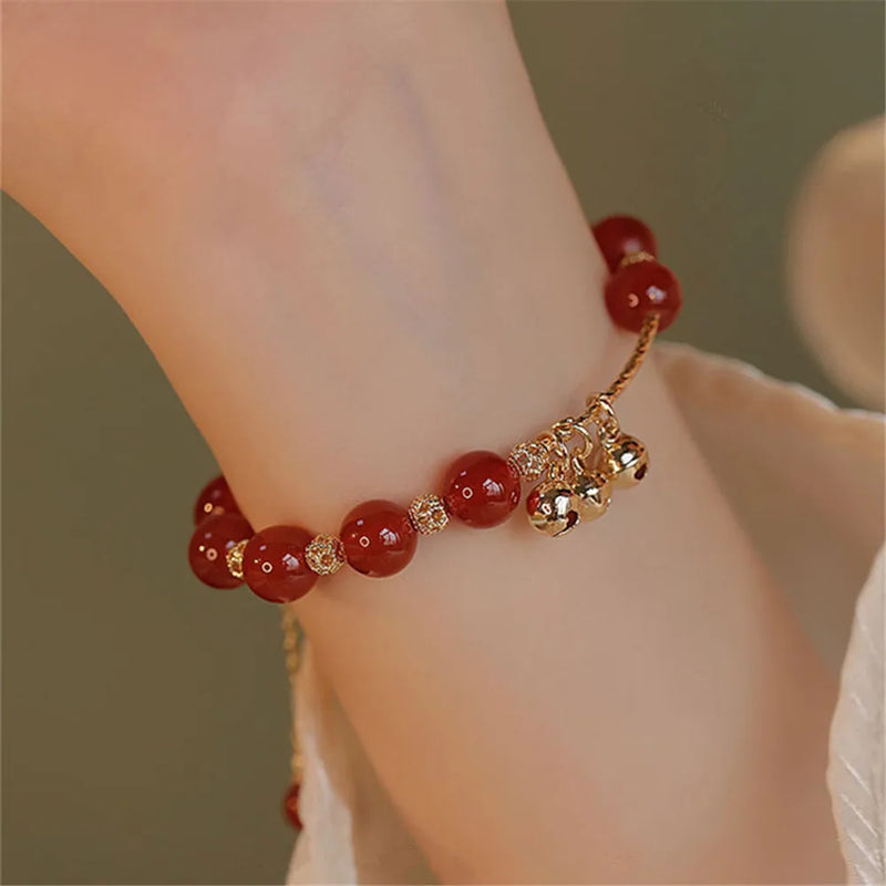 Red Agate Beads Women Bracelet with Bell Pendant