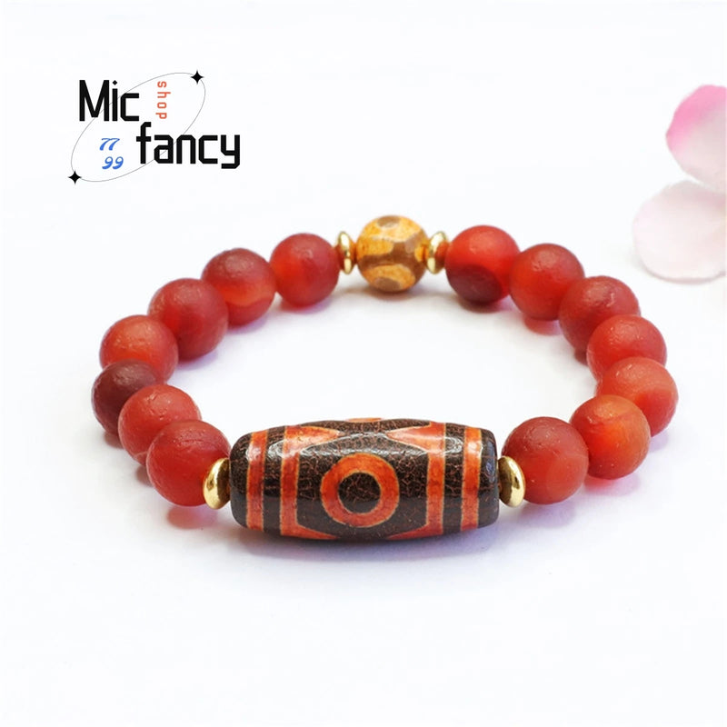 Red Agate Chalcedony 3-eye Bead Bracelet Retro Style Couple Charm Gift