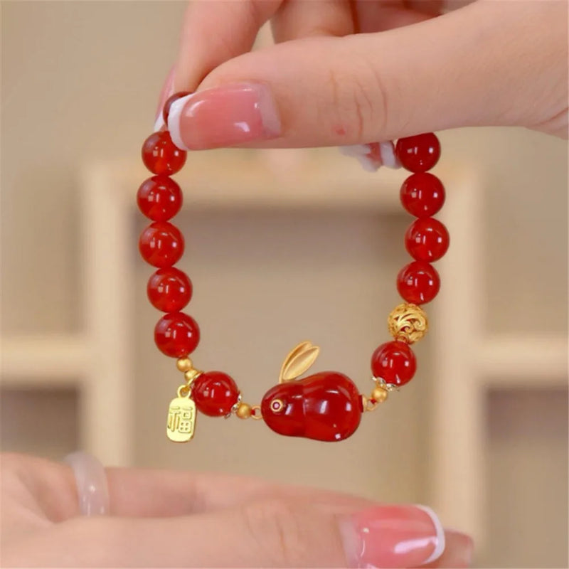 Red Agate Rabbit Blessing Pendant Bracelet Elastic Rope Charm Jewelry
