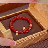 Red Agate Rabbit Blessing Pendant Bracelet Elastic Rope Charm Jewelry