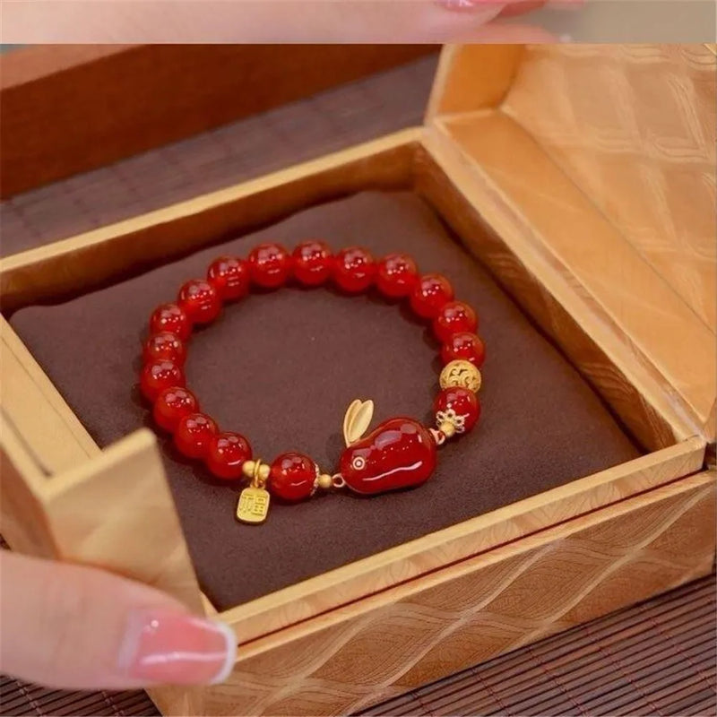 Red Agate Rabbit Blessing Pendant Bracelet Elastic Rope Gift Women Charm Jewelry