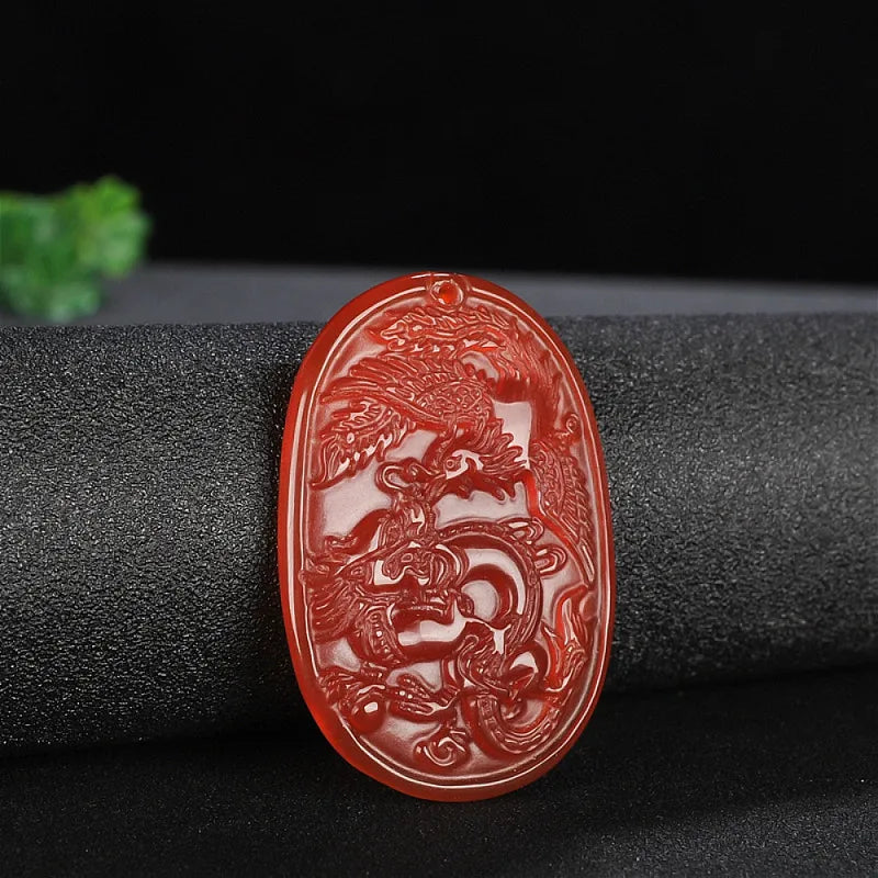 Red Agate Dragon Phoenix Jade Pendant Necklace Chalcedony Charm