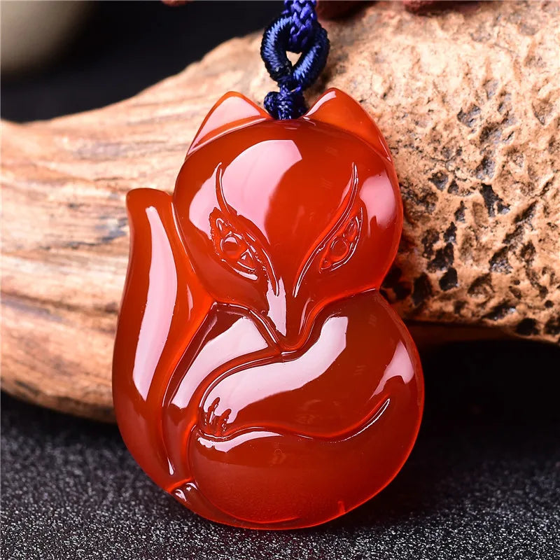 Red Agate Hand-Engraved Fox Pendant Lucky Amulet