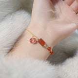 Red Agate Lucky Jinbao Bracelet Copper Coin Shape Lady Pendant