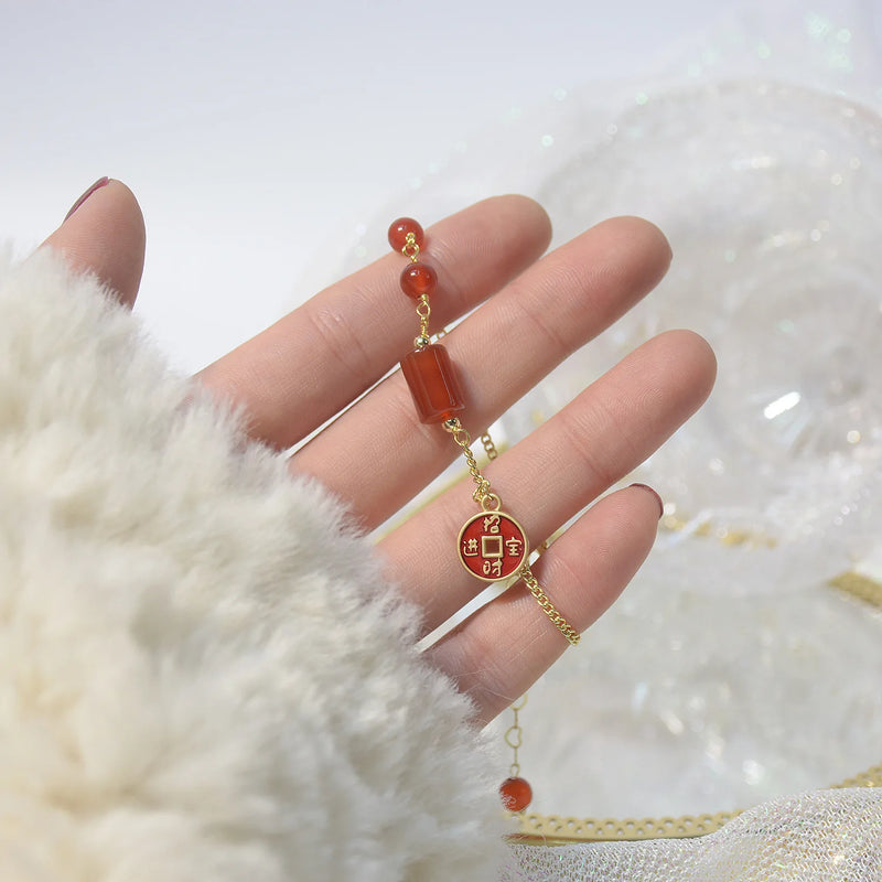 Red Agate Lucky Jinbao Bracelet Copper Coin Shape Lady Pendant