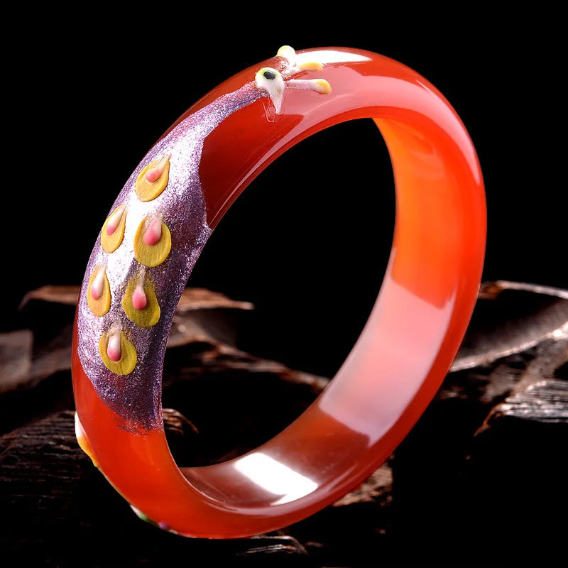 Natural Red Chalcedony Peacock Painted Carved Bracelet Jewelry